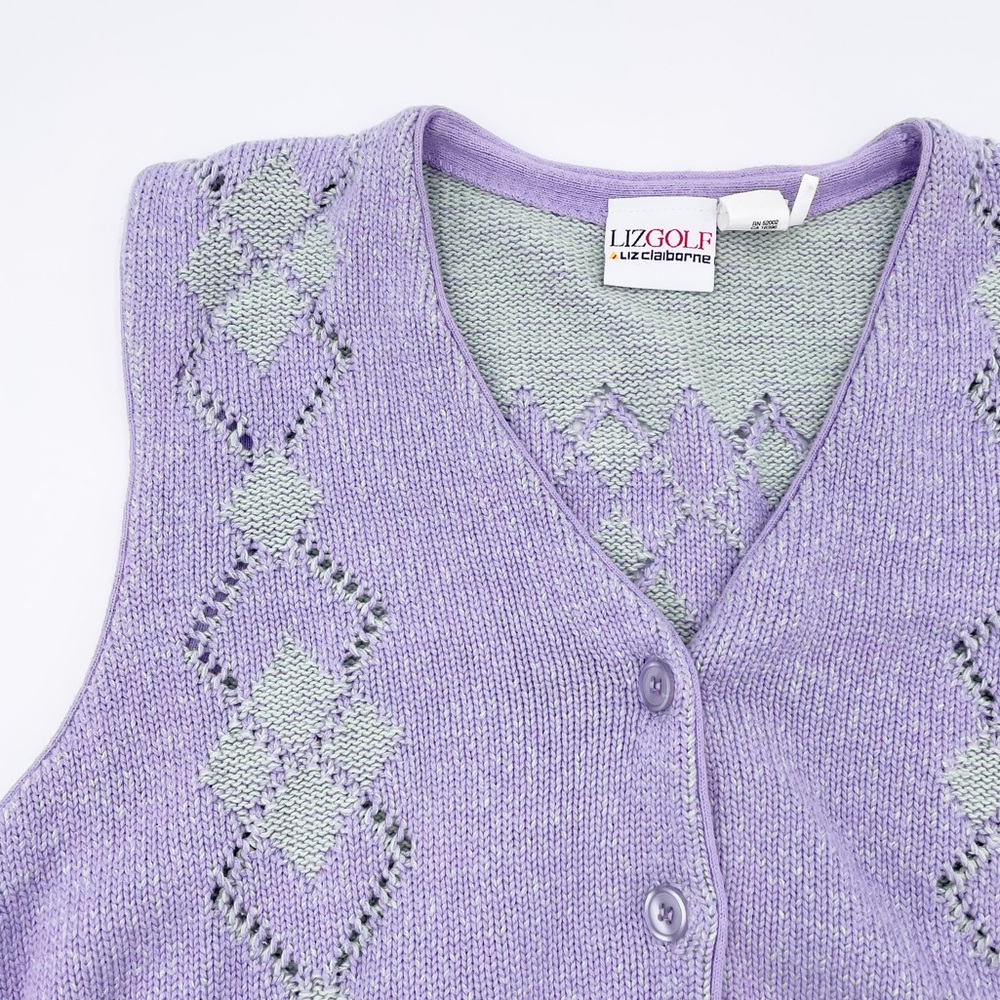 Vintage 90s Y2K Preppy Liz Golf Pastel Purple Green Argyle Knit Sweater Vest - Picture 4 of 8